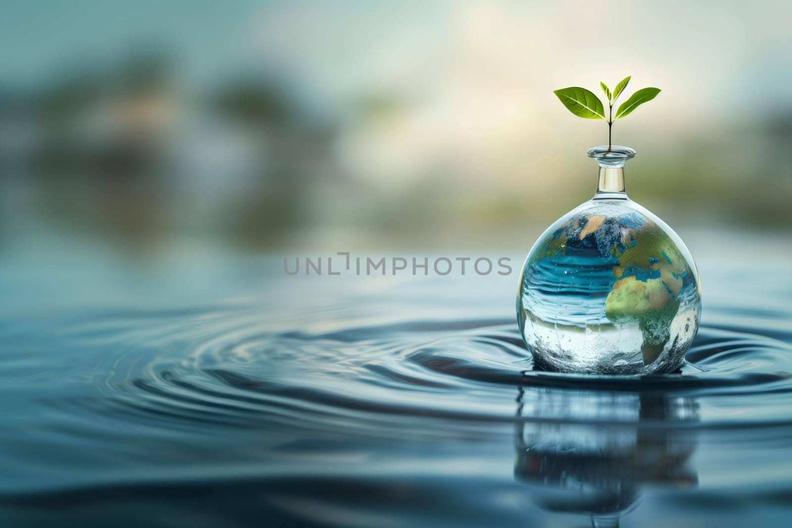 One glass flask of planta earth with a green sprout on the right on the surface of the water in the ocean in the forest early in the morning with copy space on the left, close-up side view.