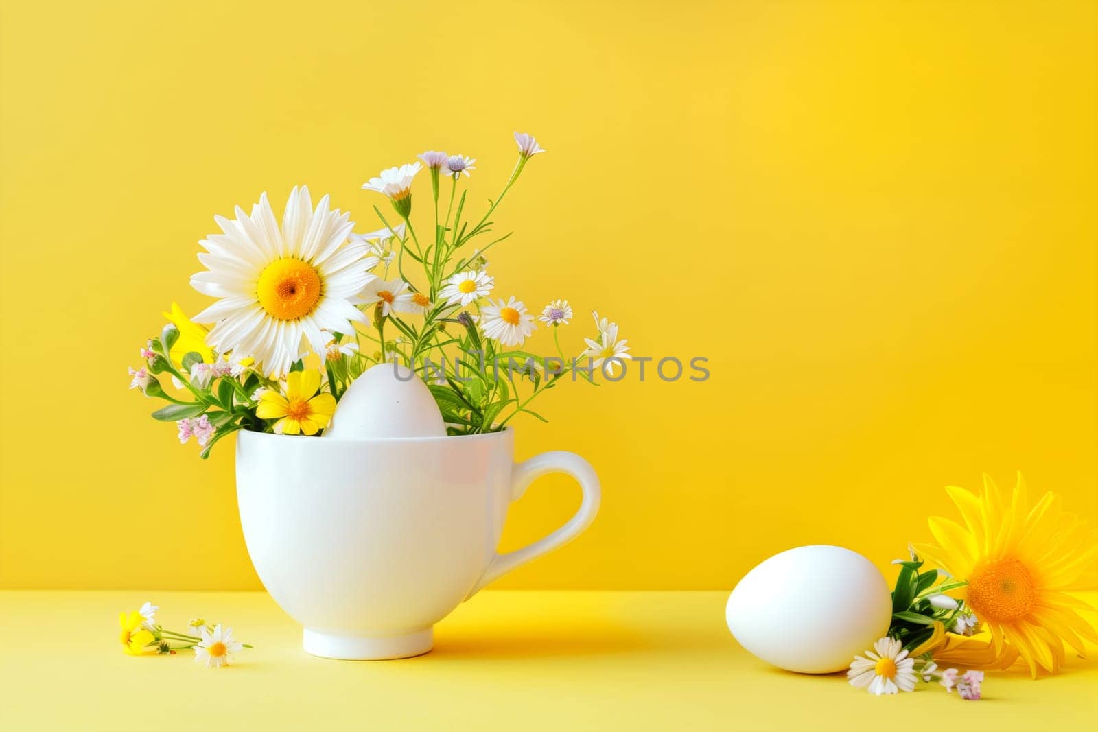 One white mug with daisy flowers and Easter eggs stand on a yellow background with small copy space, side view close-up.