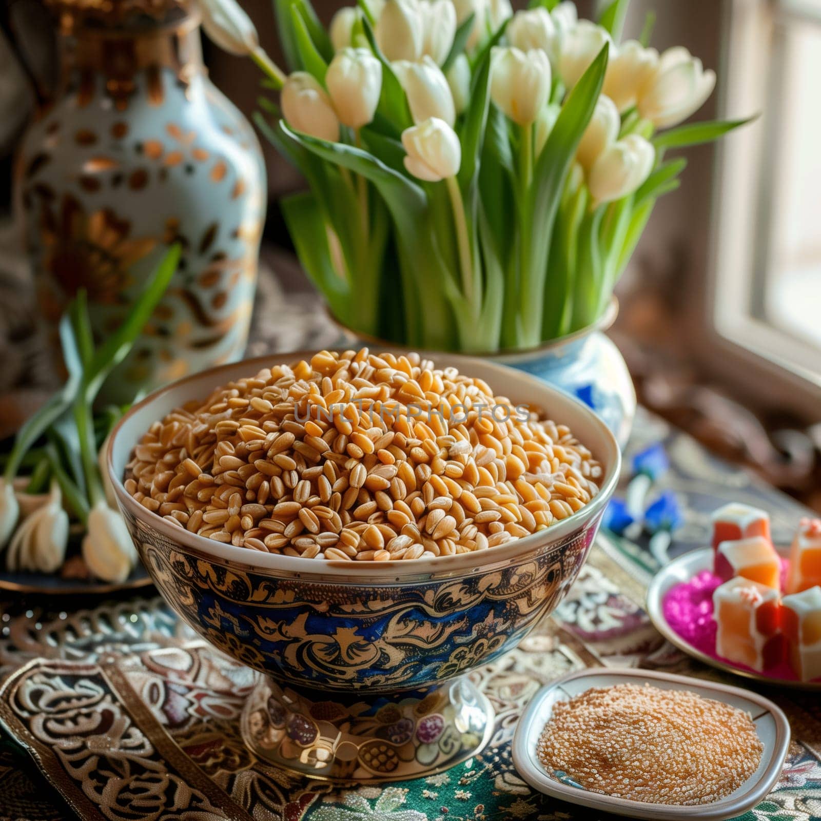 Wheat in a traditional dish stands on a table with sweets and flowers by the window in the kitchen early in the morning, close-up side view.