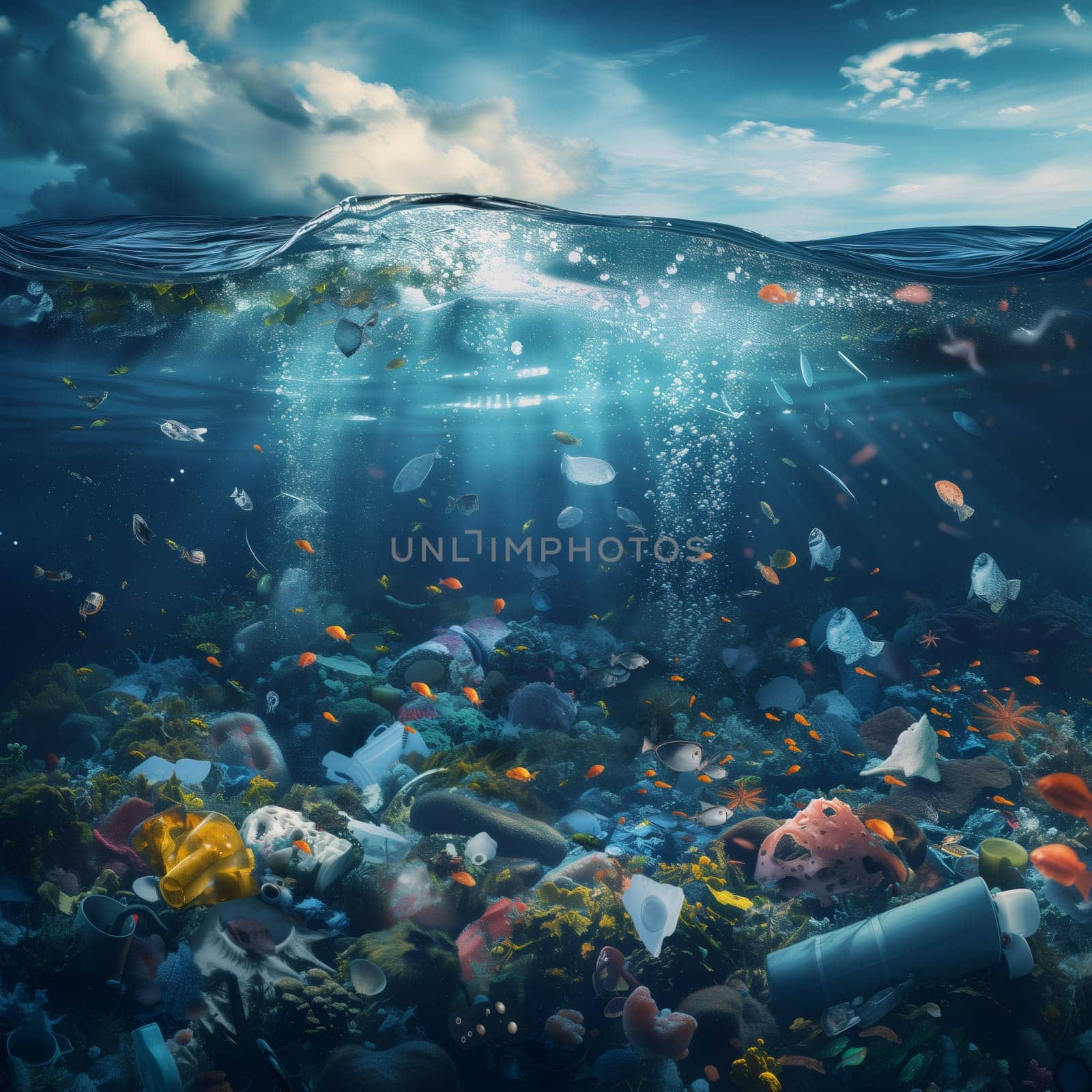 Fish in the ocean with plastic trash. by Nataliya