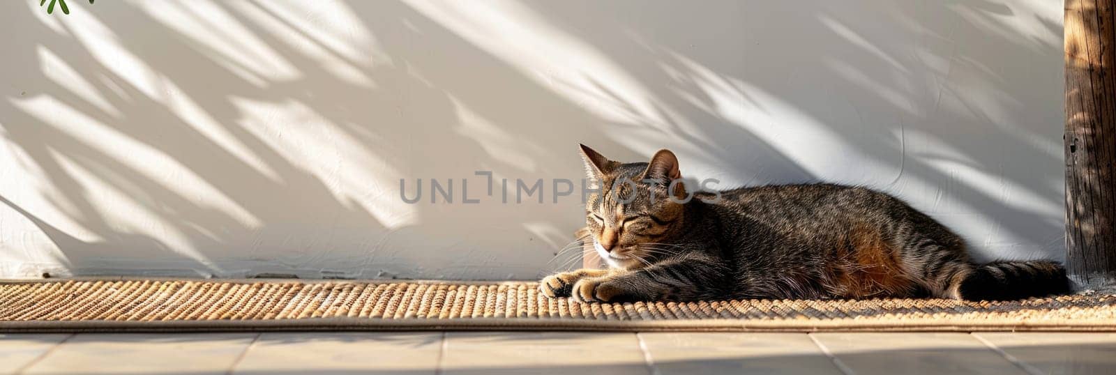 Cute relaxed cat lying on cool mat in hot day , white wall background, summer heat. ai generated by Desperada