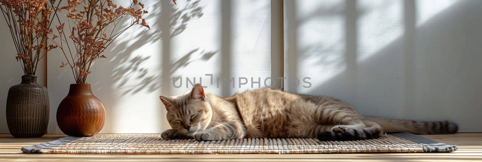 Pet care. Cute relaxed cat lying on cool mat in hot day , white wall background, summer heat. ai generated