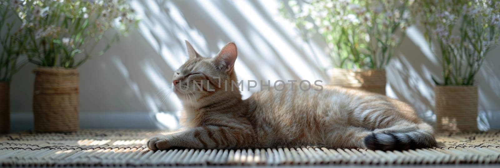 Cute relaxed cat lying on cool mat in hot day , white wall background, summer heat. ai generated by Desperada