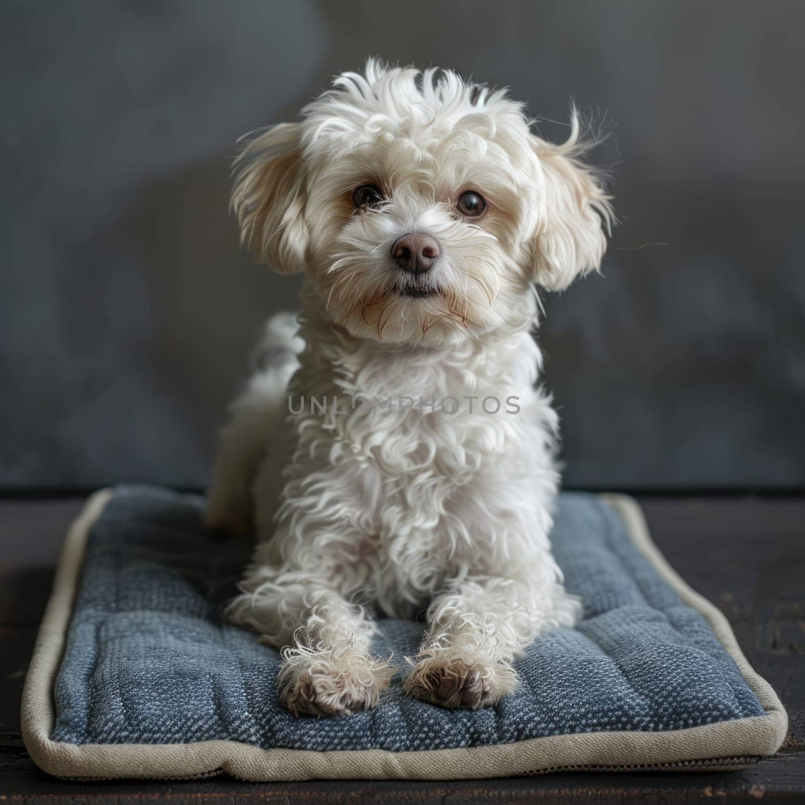 Pet care. Cute relaxed dog lying on cool mat in hot day , white wall background, summer heat. ai generated