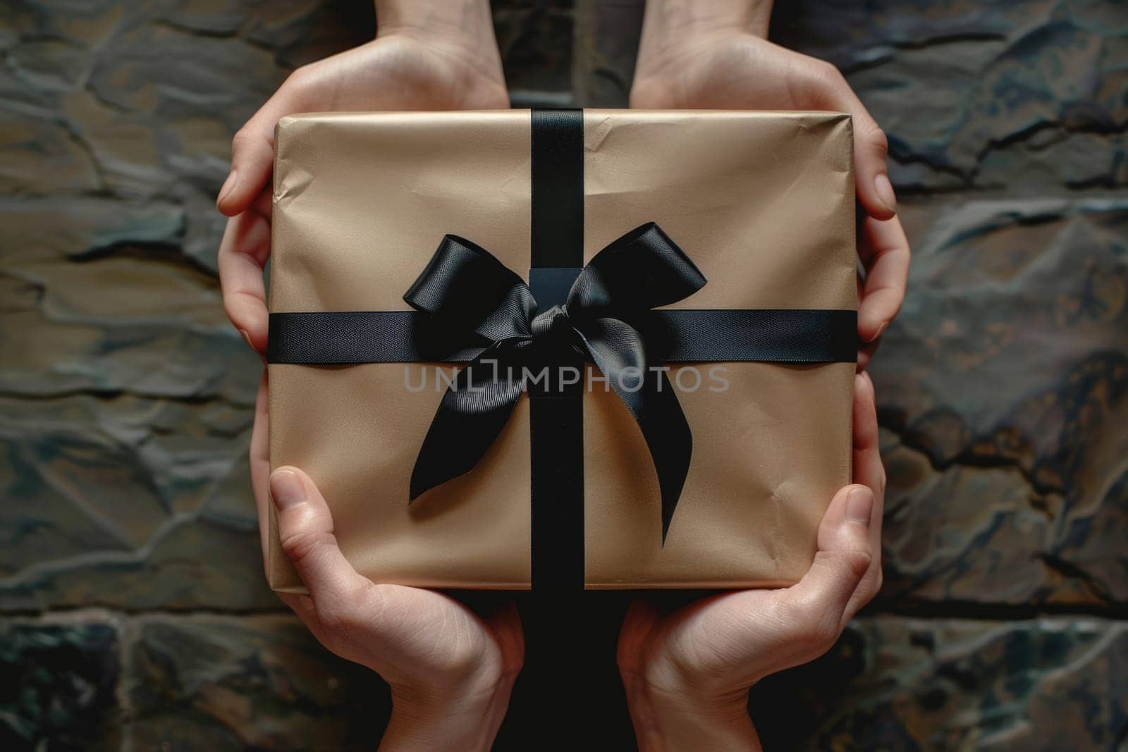 male hands holding gift with black ribbon, top view. ai generated by Desperada