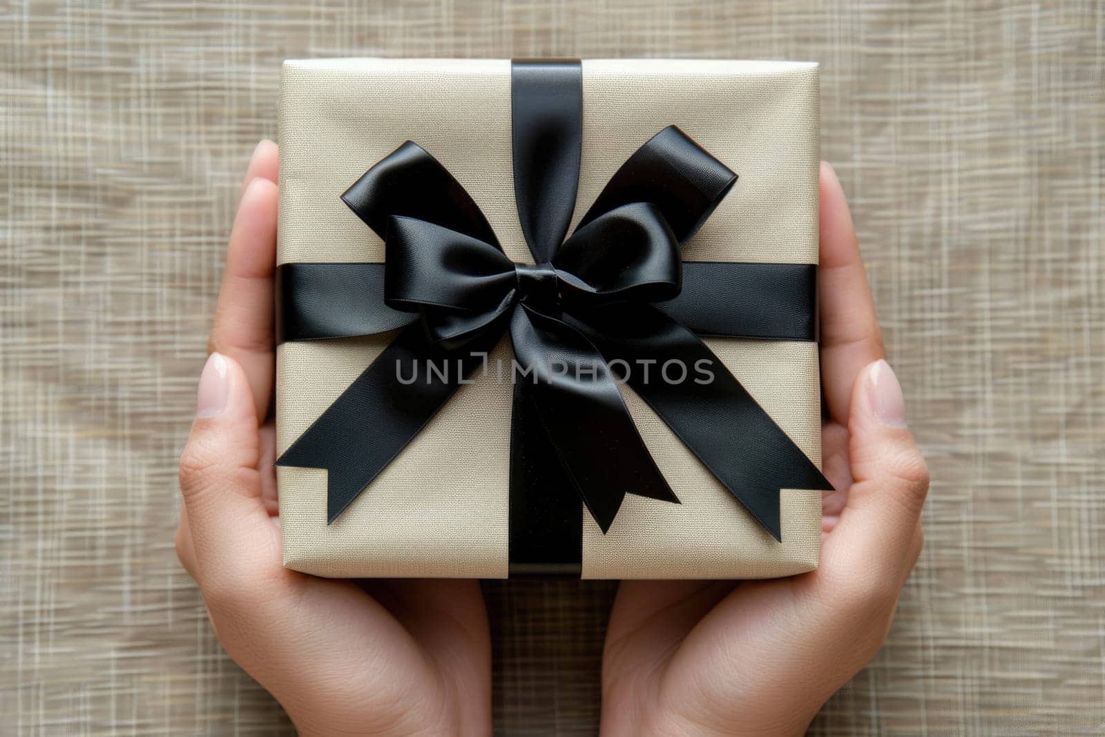 female hands holding gift with black ribbon, top view. ai generated