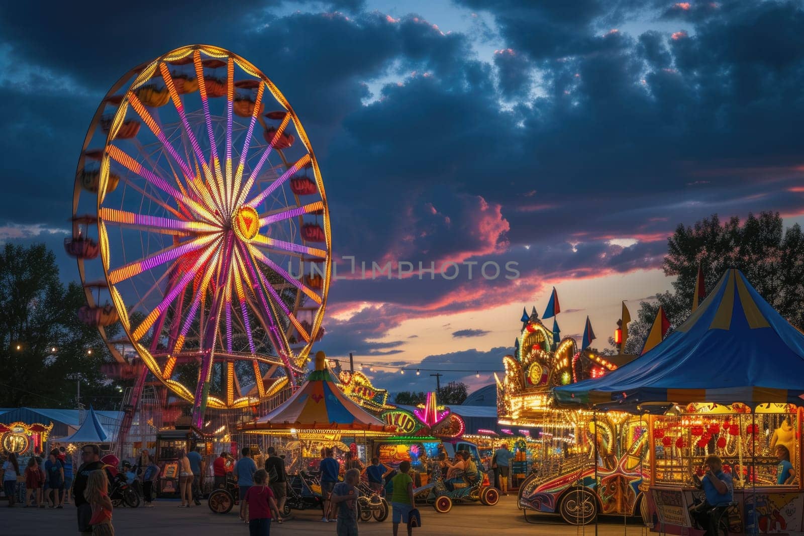 A lively carnival at dusk, Ferris wheel lights. Resplendent. by biancoblue