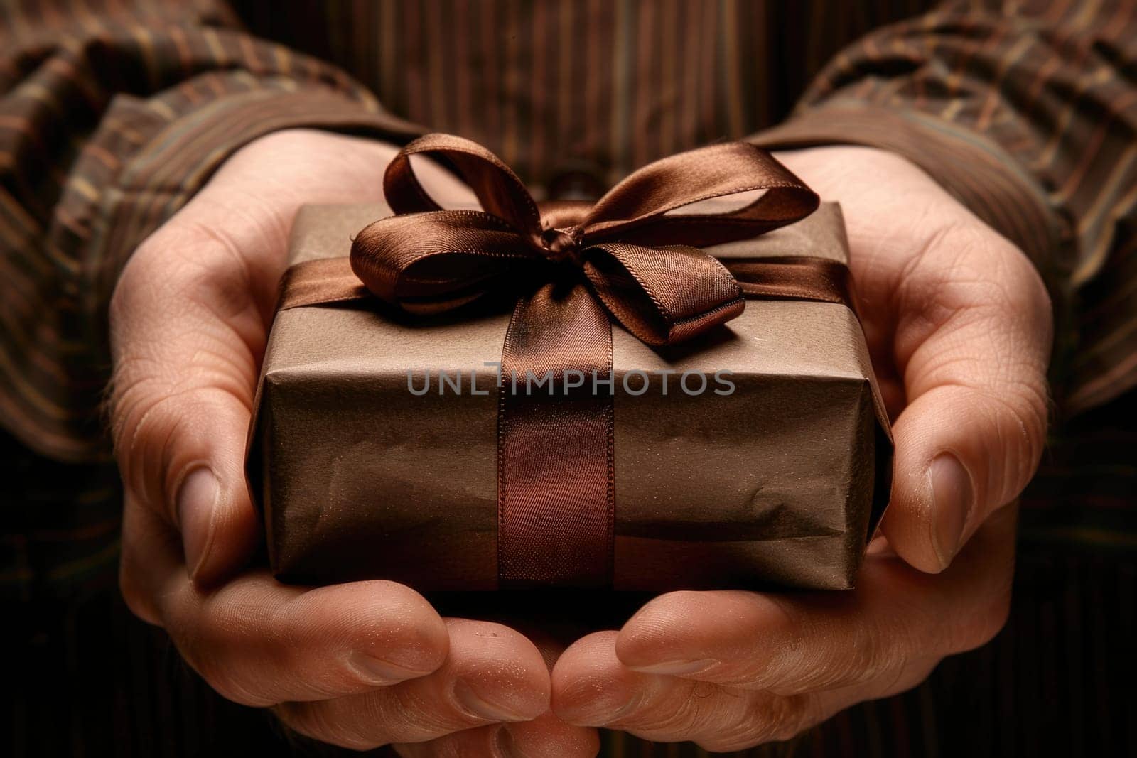 male hands holding gift with brown ribbon, top view. ai generated by Desperada