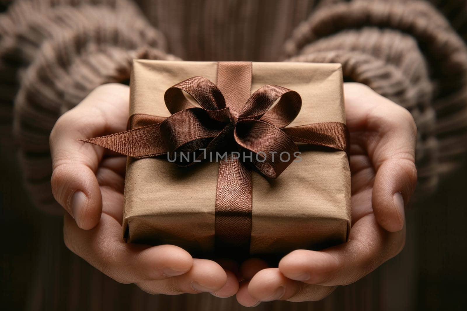male hands holding gift with brown ribbon, top view. ai generated