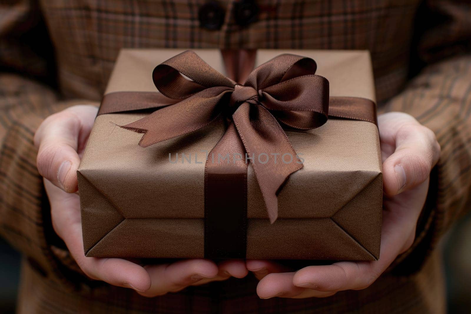 male hands holding gift with brown ribbon, top view. ai generated