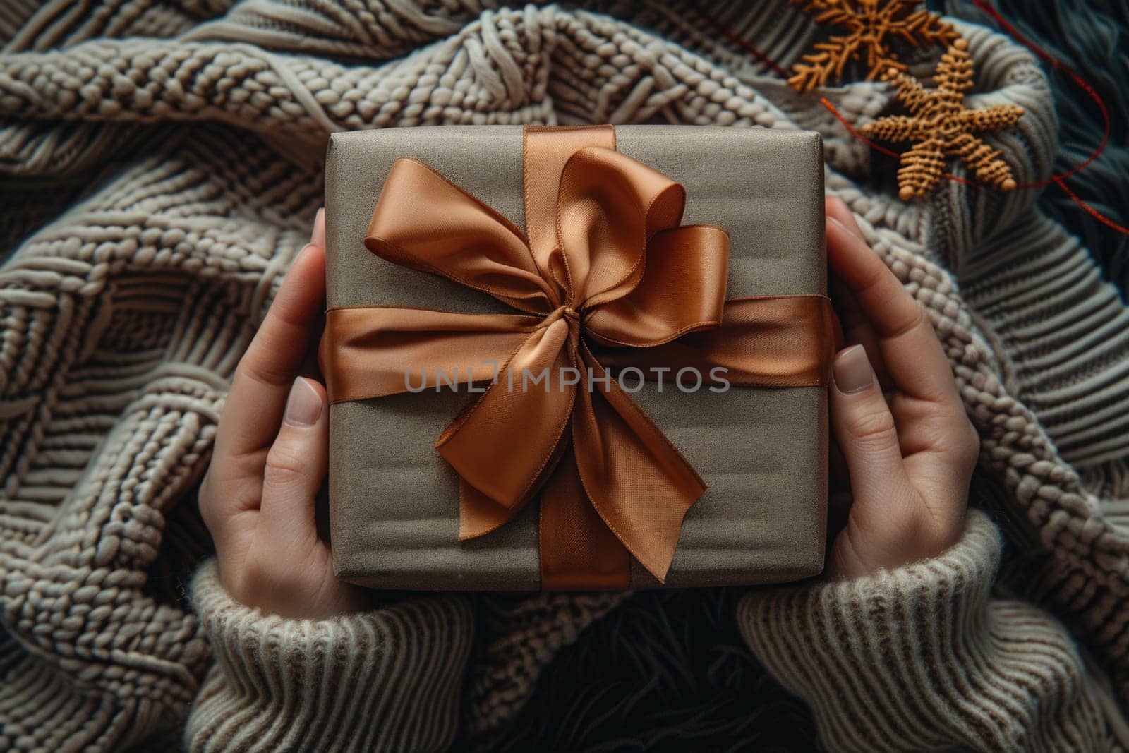 female hands holding gift with brown ribbon, top view. ai generated by Desperada