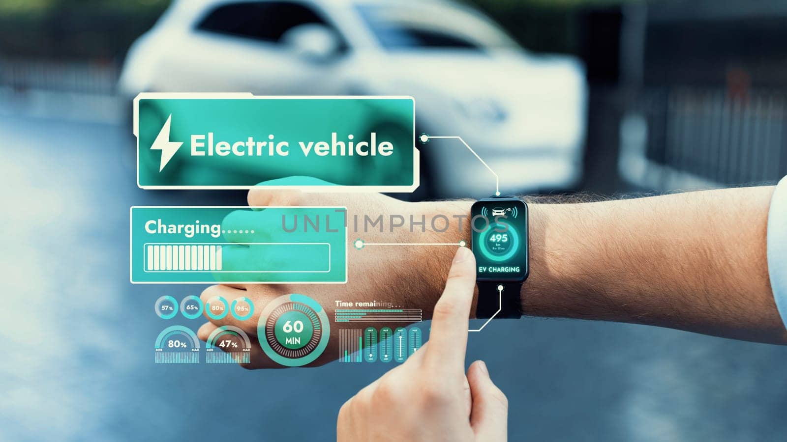 Businessman check EV car battery status on smartwatch hologram. Peruse by biancoblue