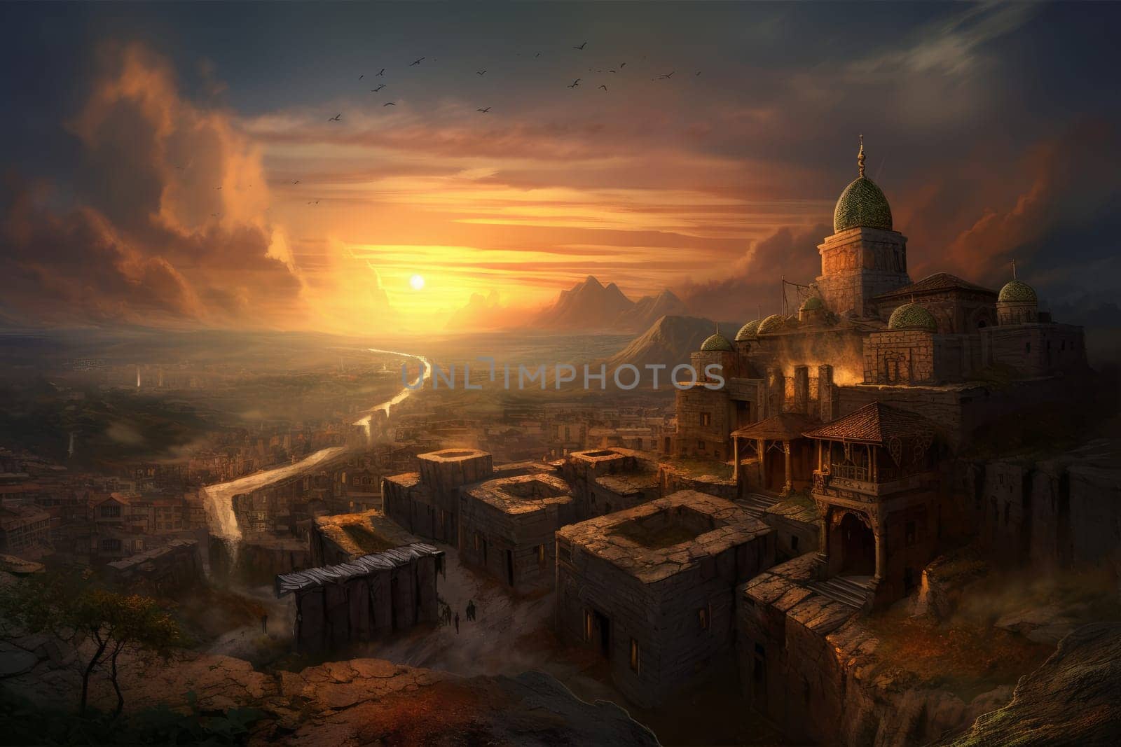 Ancient city sunset. Historic travel. Generate Ai
