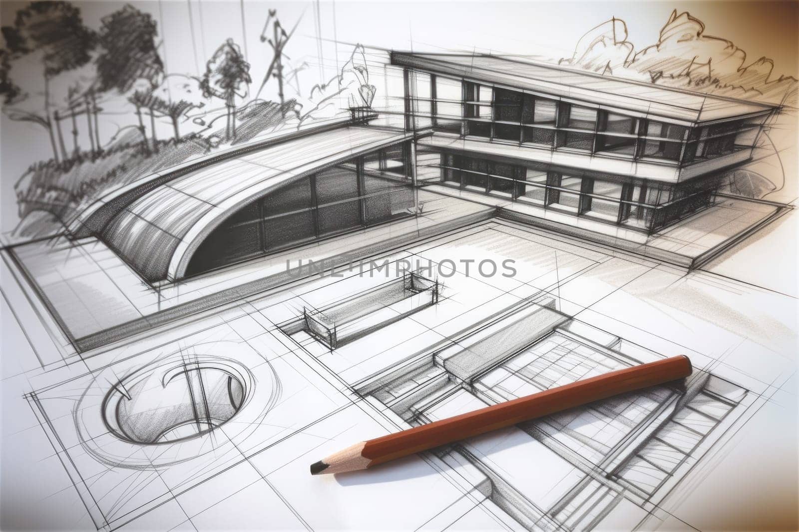 Modern villat architecture design. Project sketch by ylivdesign