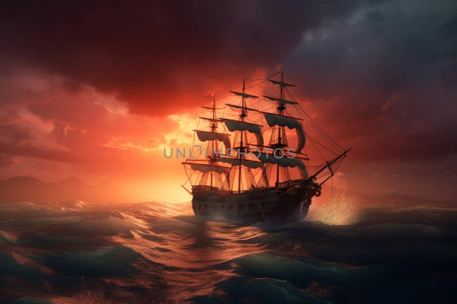 Ship in storm sea. Ocean boat at sunset by ylivdesign