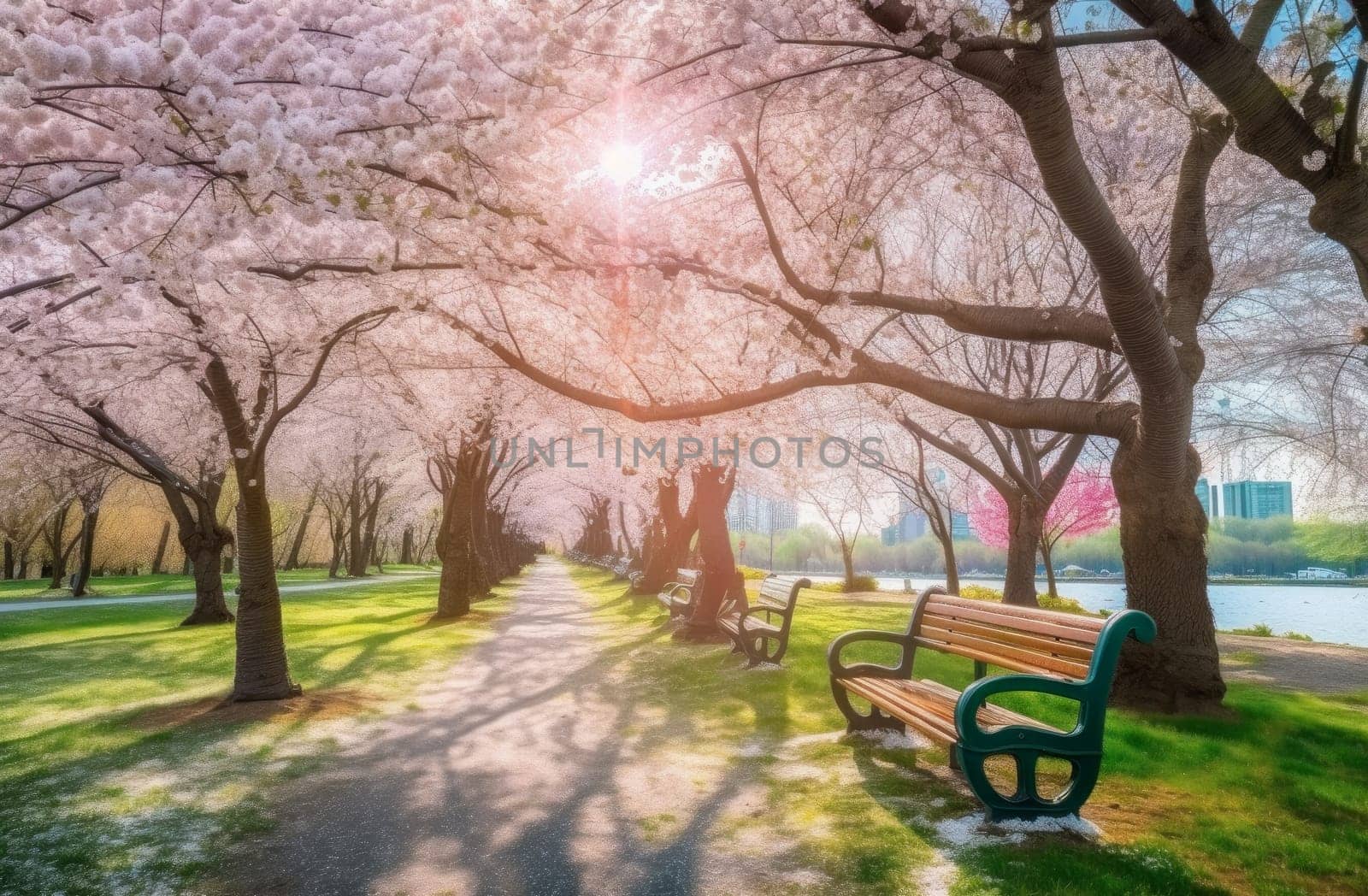 Cherry blossom city park. Japan sakura. Generate Ai