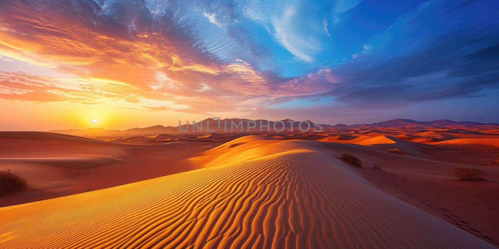 An expansive desert landscape at sunset, vivid colors in the sky. Resplendent. by biancoblue