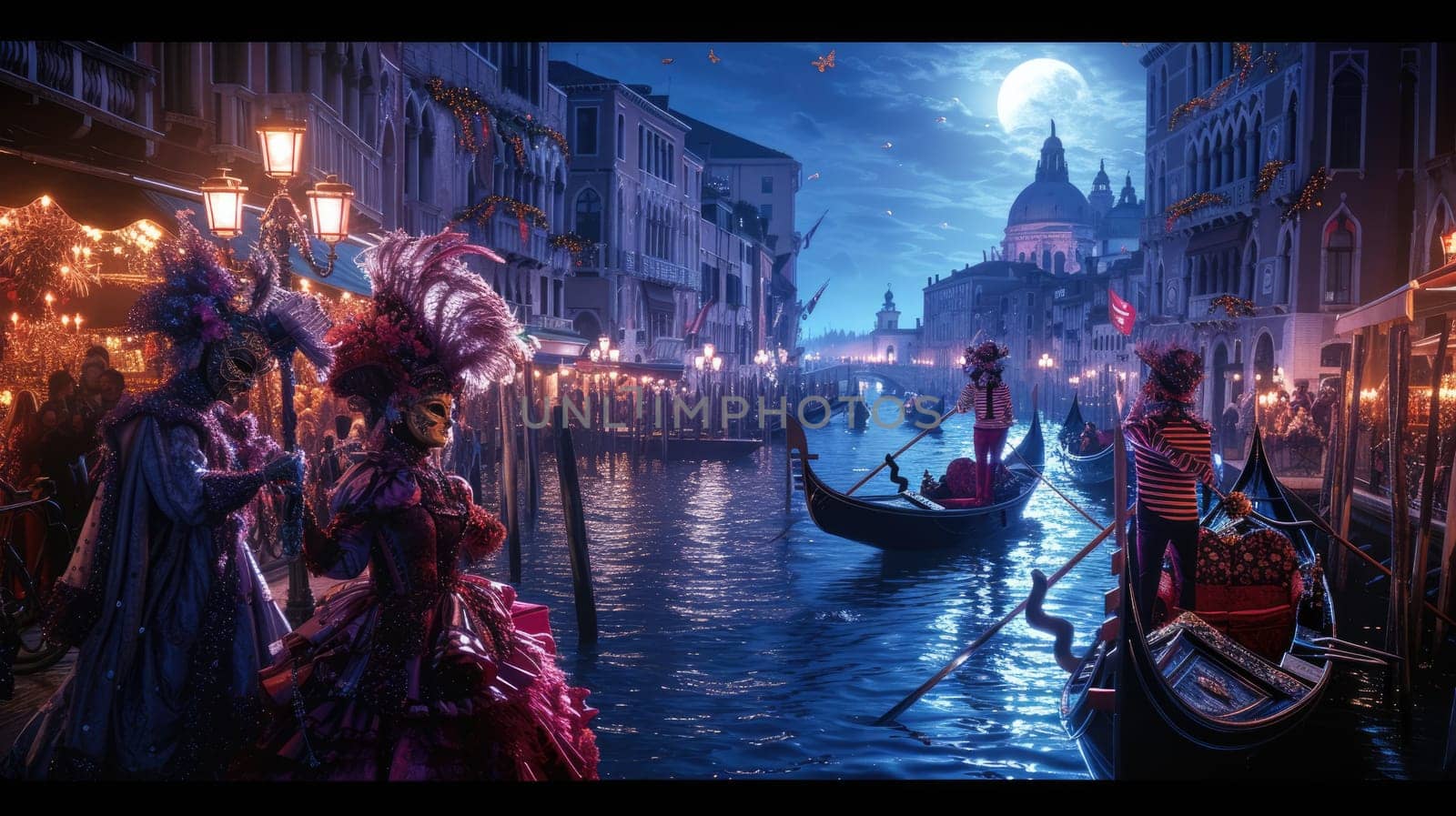 A grand Venetian carnival scene, elaborate masks. Resplendent. by biancoblue