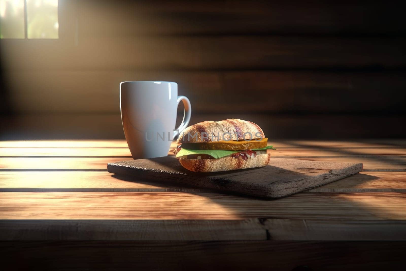 Home coffee mug. Tasty sandwich food by ylivdesign