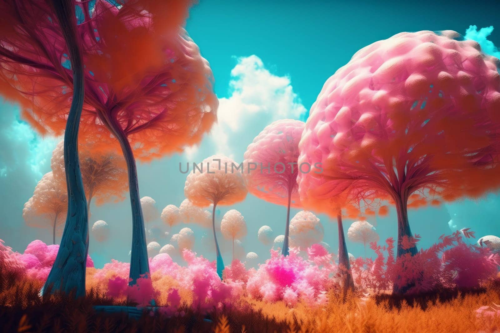 Cotton candy forest. Fantasy nature. Generate Ai