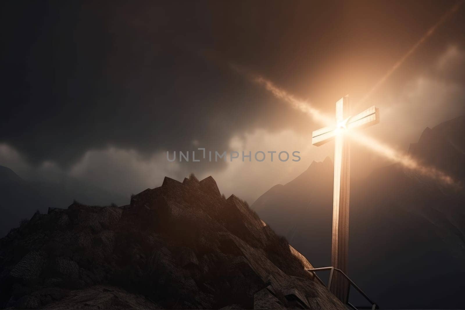 Mountain cross in sunlight reflection. Holy sky by ylivdesign