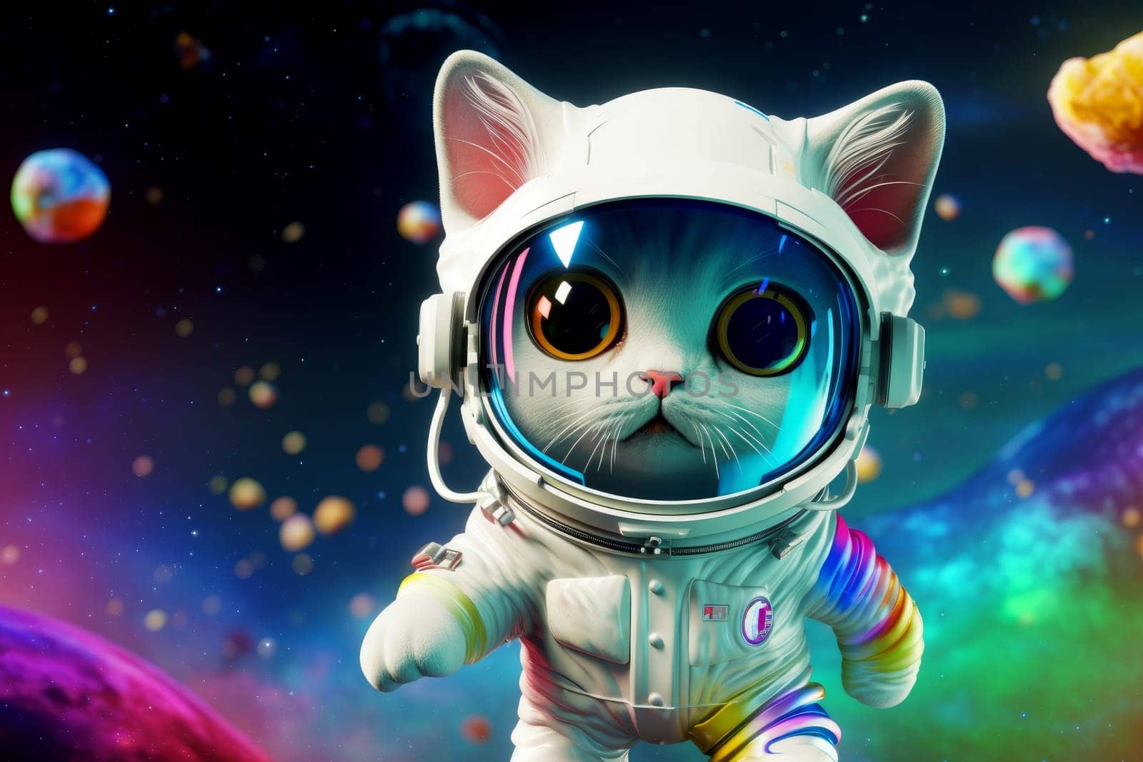 Cute cat with big eyes in space. Cute animal art by ylivdesign