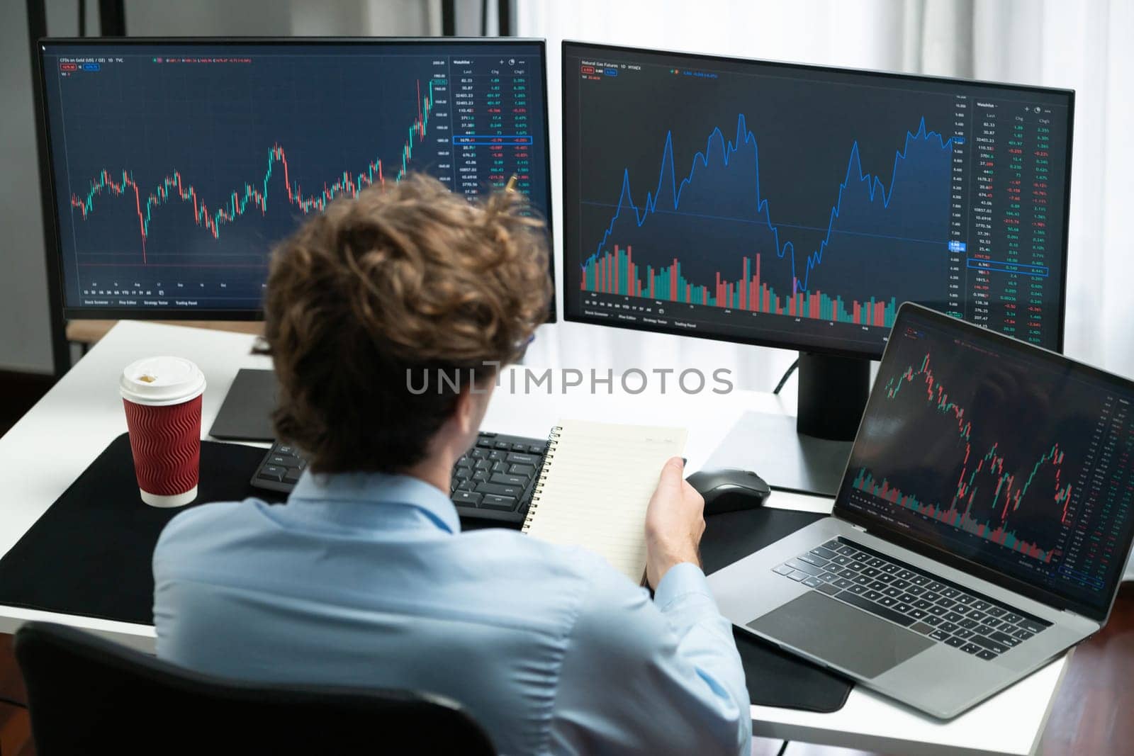 Business trader concentrating on market stock screens at home office. Gusher. by biancoblue
