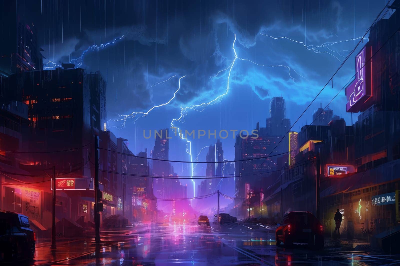 Cyberpunk city thunder. Futuristic future by ylivdesign