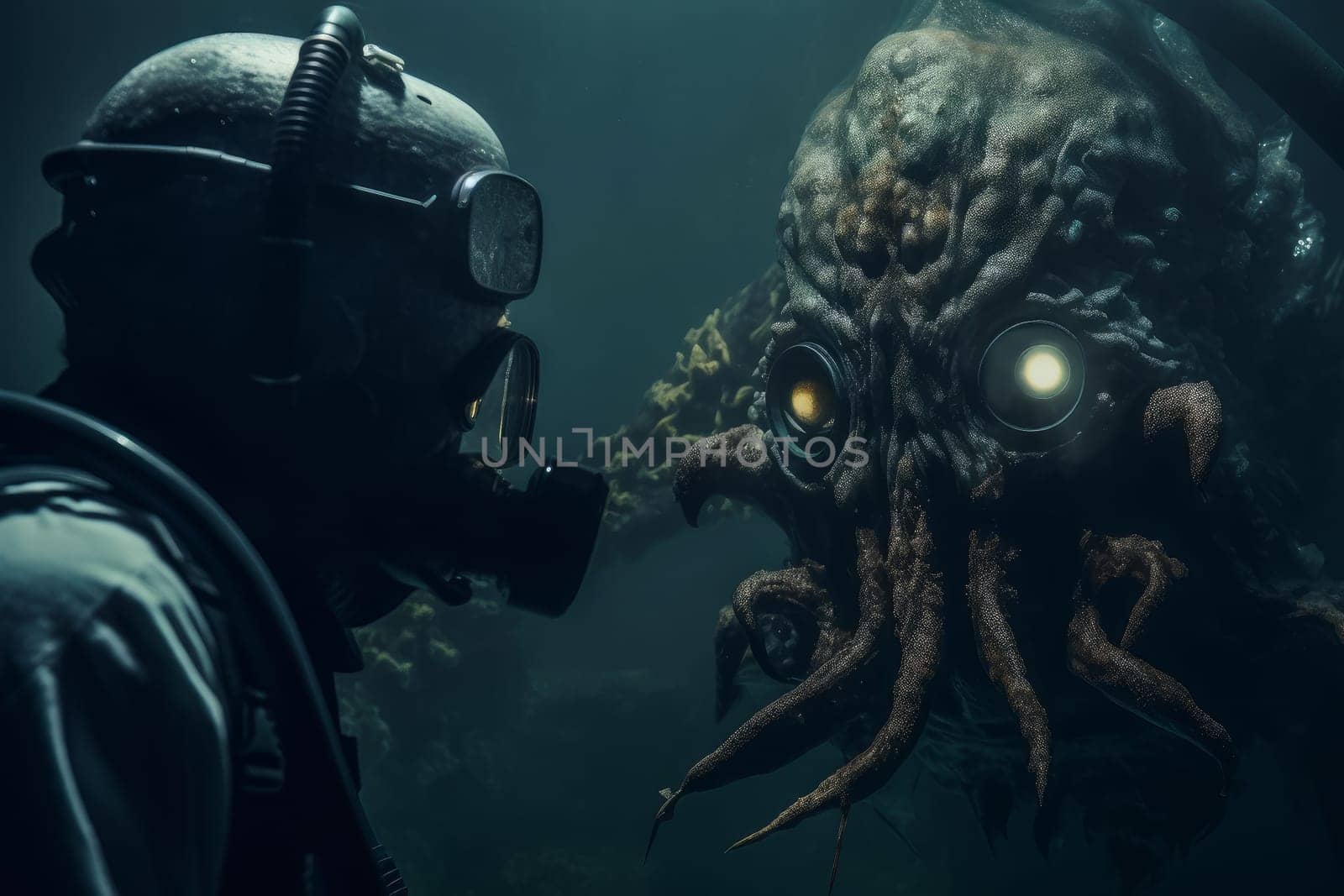 Deep sea monster. Diver face to face animal by ylivdesign