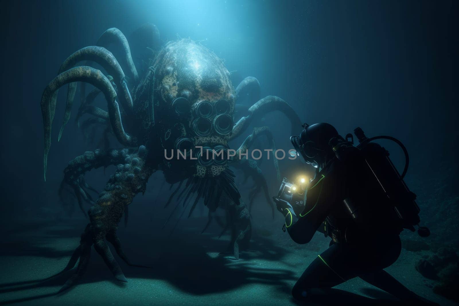 Sea monster look at diver. Underwater sea nature. Generate Ai