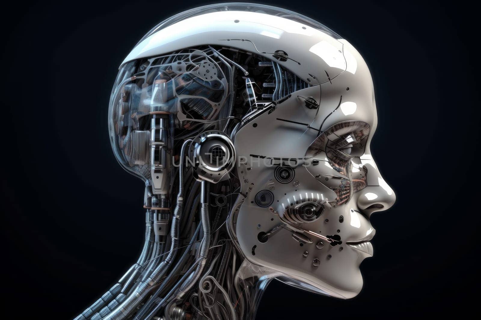 Detailed cyborg head. Future automation. Generate Ai