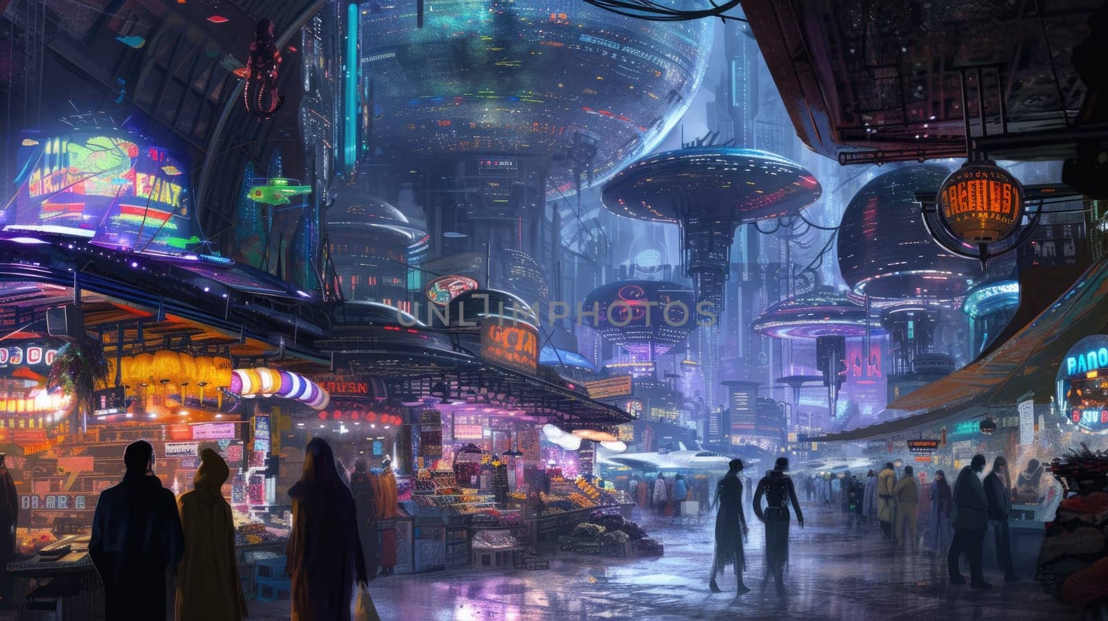 A vibrant, bustling futuristic city street lined with shops and restaurants, with pedestrians and flying vehicles filling the scene. Resplendent.