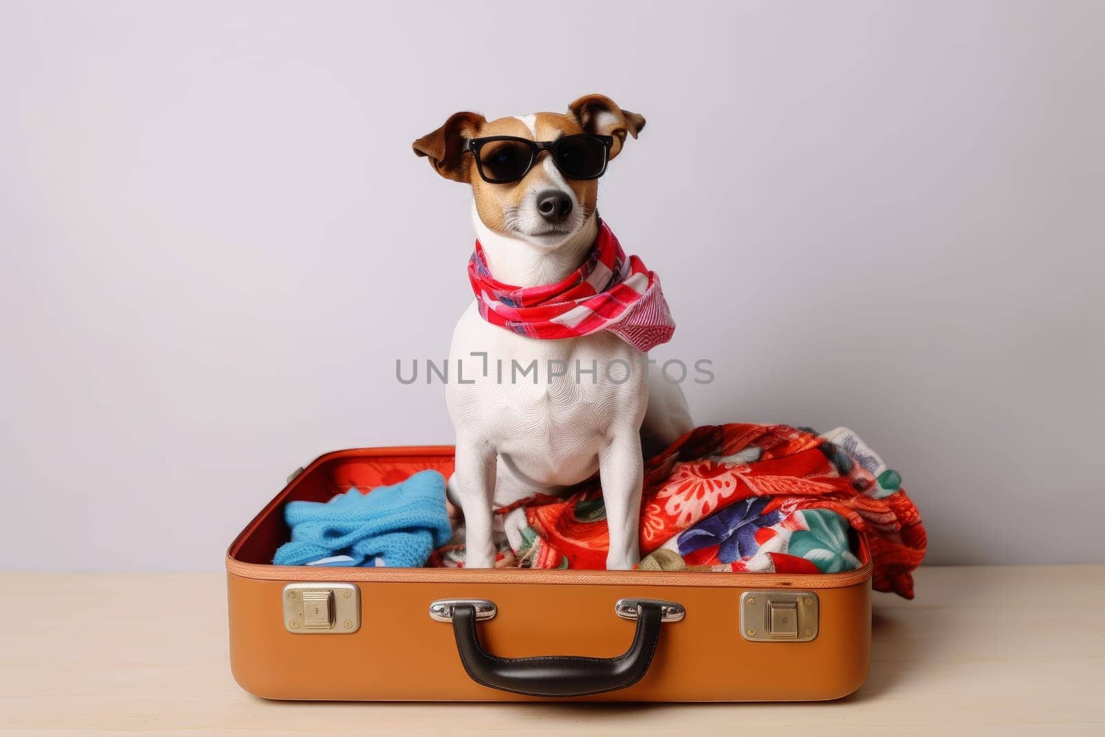 Dog sit at open suitcase. Vacation travel. Generate Ai