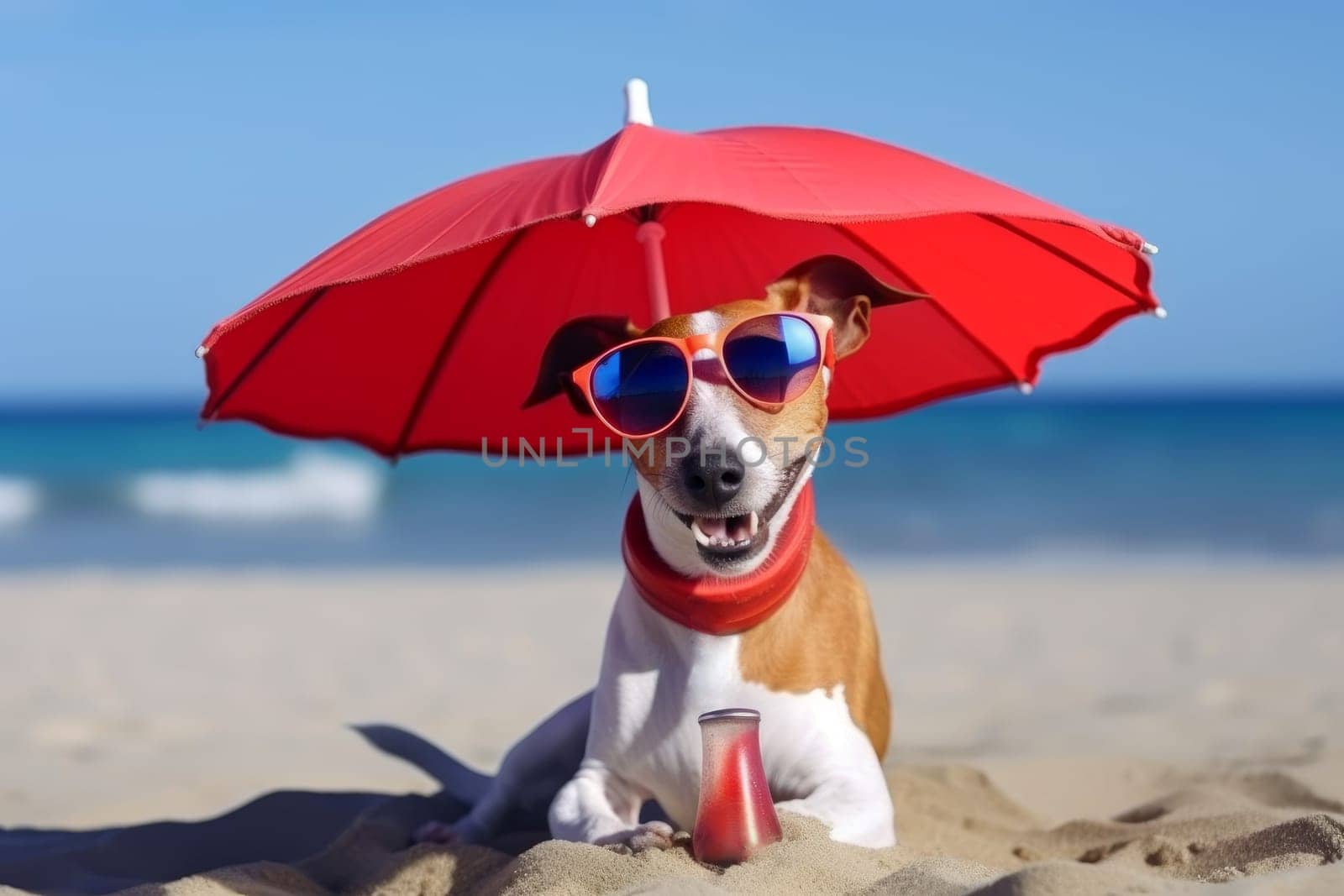 Dog in red sunglasses, relax at the beach. Holiday travel by ylivdesign