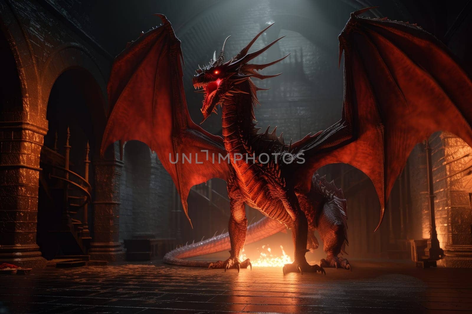 Dragon breathing fire. Castle monster. Generate Ai