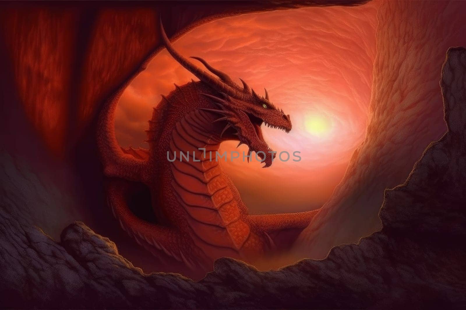Dragon castle fire. Fantasy animal. Generate Ai