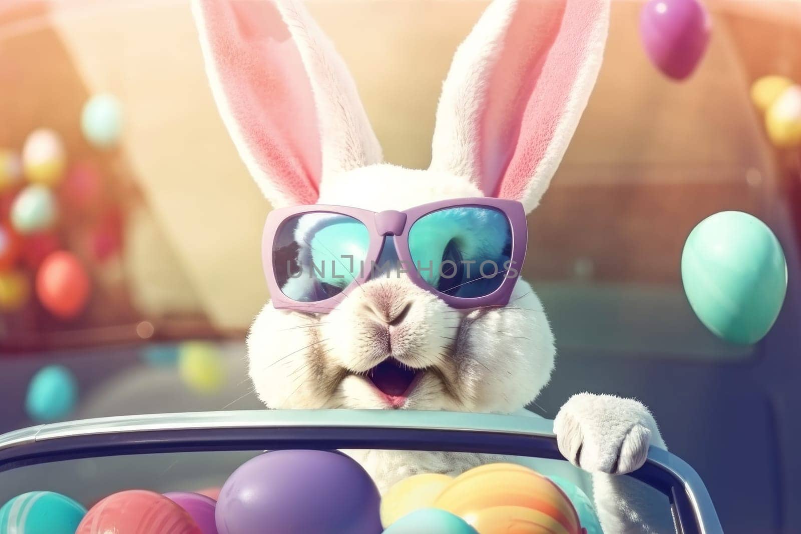 Easter bunny with sunglasses in car. Adorable animal. Generate Ai