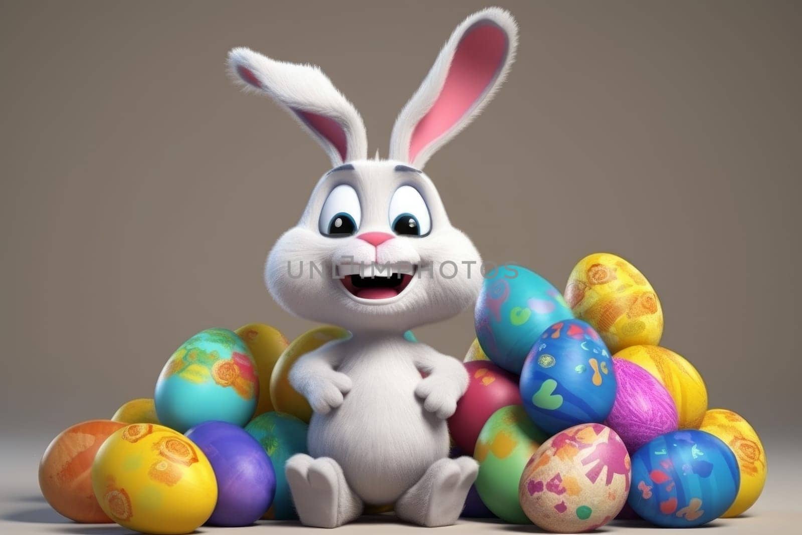 Easter rabbit with colorful eggs. April holiday. Generate Ai