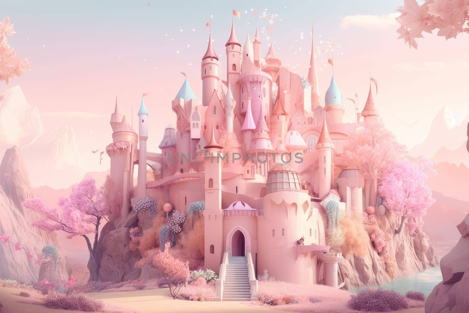Fairy pink castle. Fantasy dream. Generate Ai