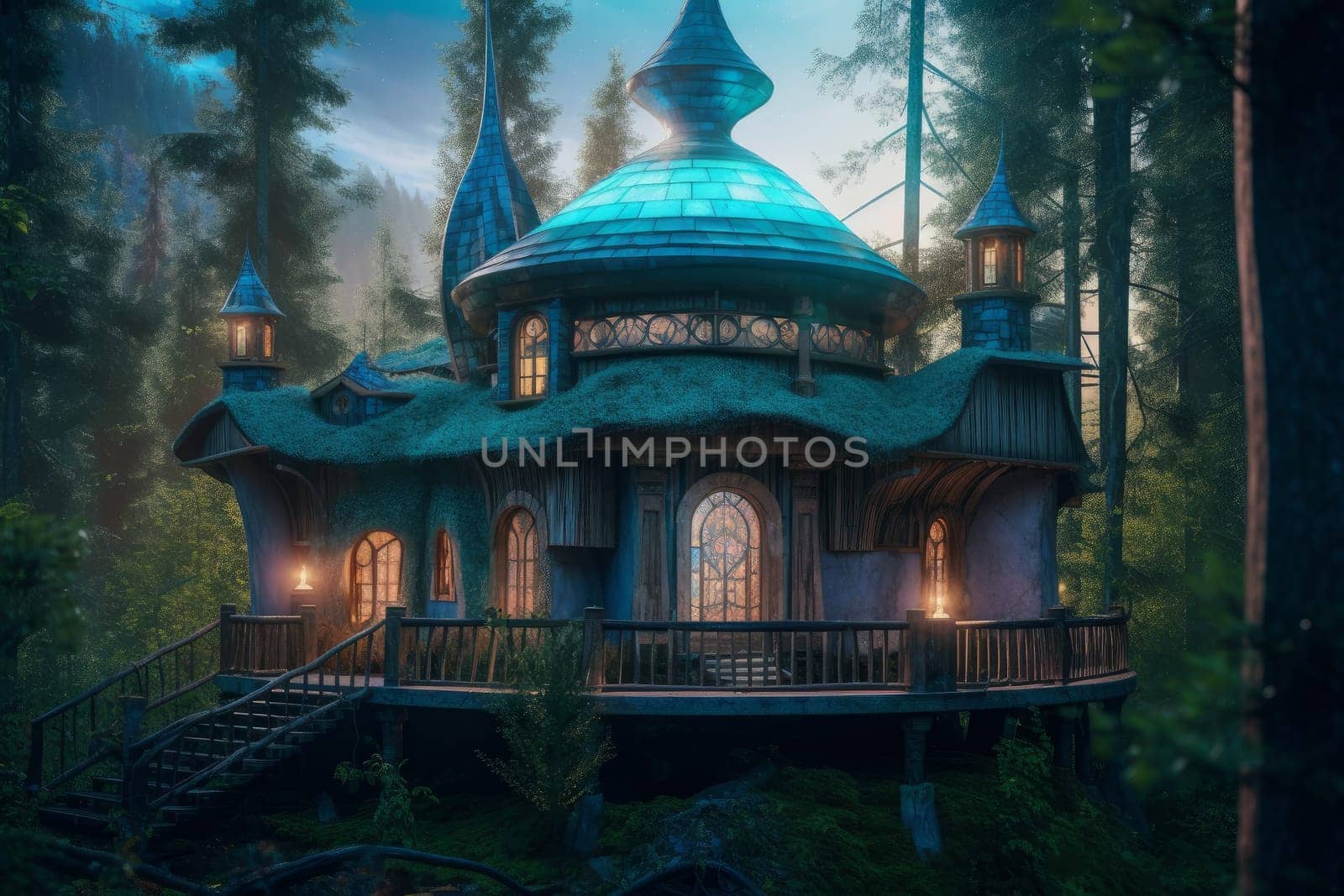 Fantasy magic house. Magical forest aurora. Generate Ai