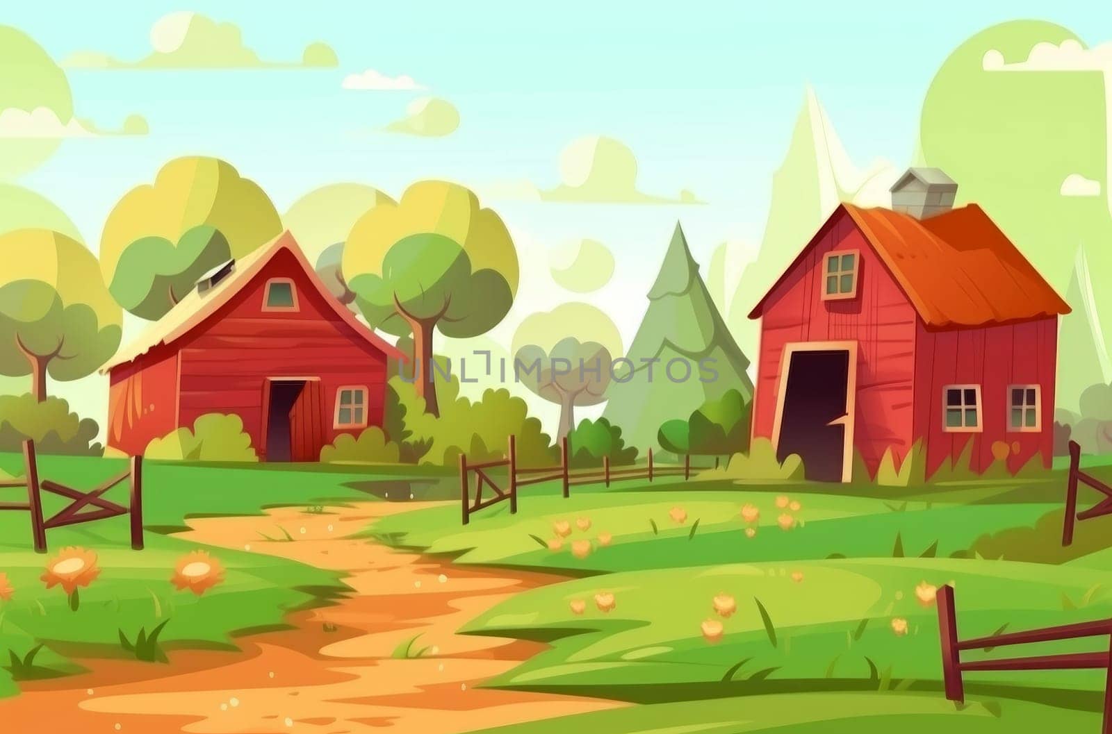 Farm nature garden. Agriculture land barn by ylivdesign