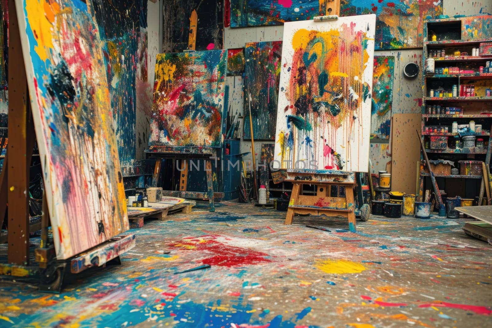 An artist's studio in full creative chaos, paint splattered everywhere, canvases in various stages of completion, vibrant colors clashing and blending. Resplendent.