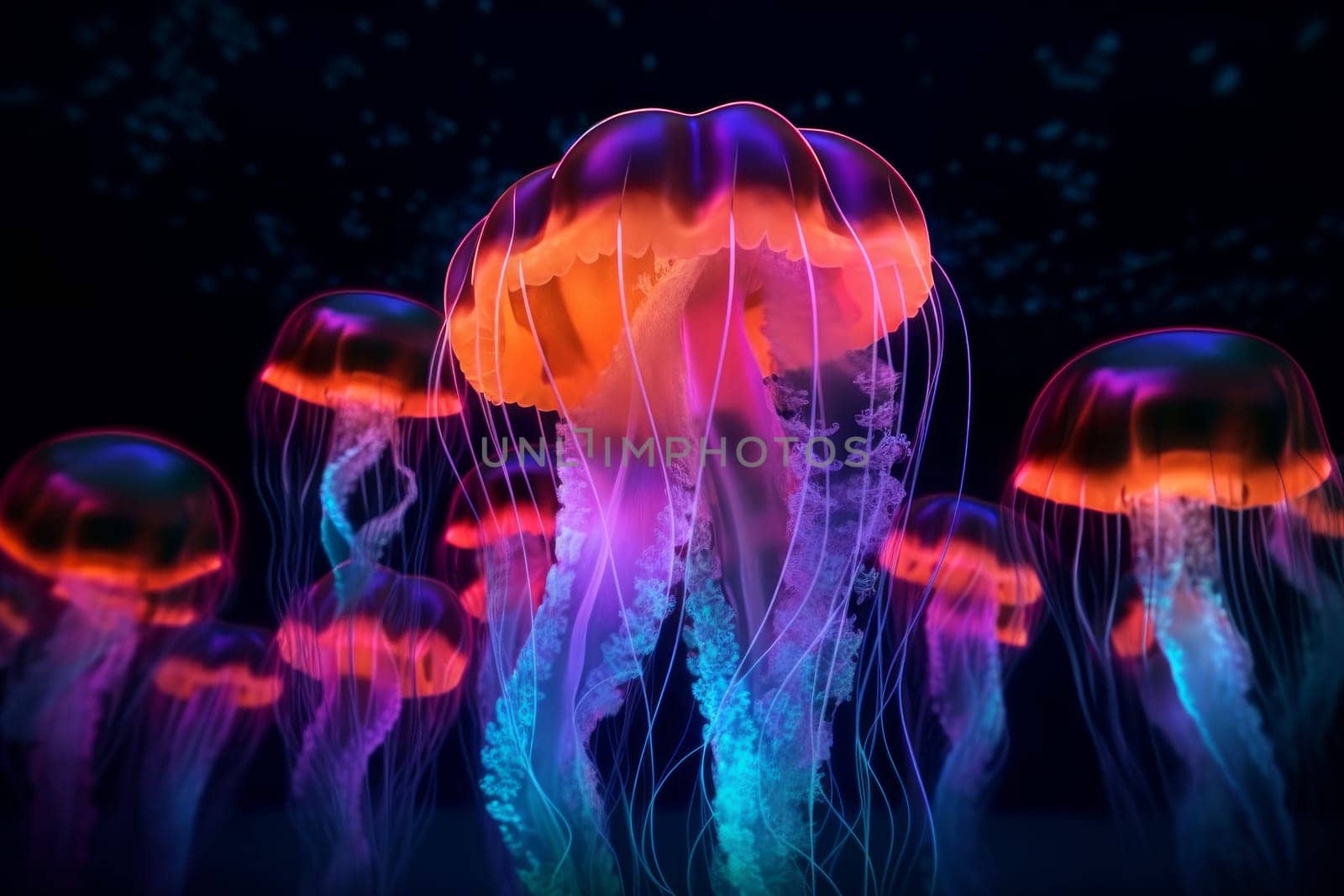 Floating neon jellyfish. Water summer light. Generate Ai