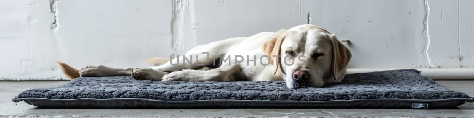 Cute relaxed dog lying on cool mat in hot day , white wall background, summer heat. ai generated by Desperada