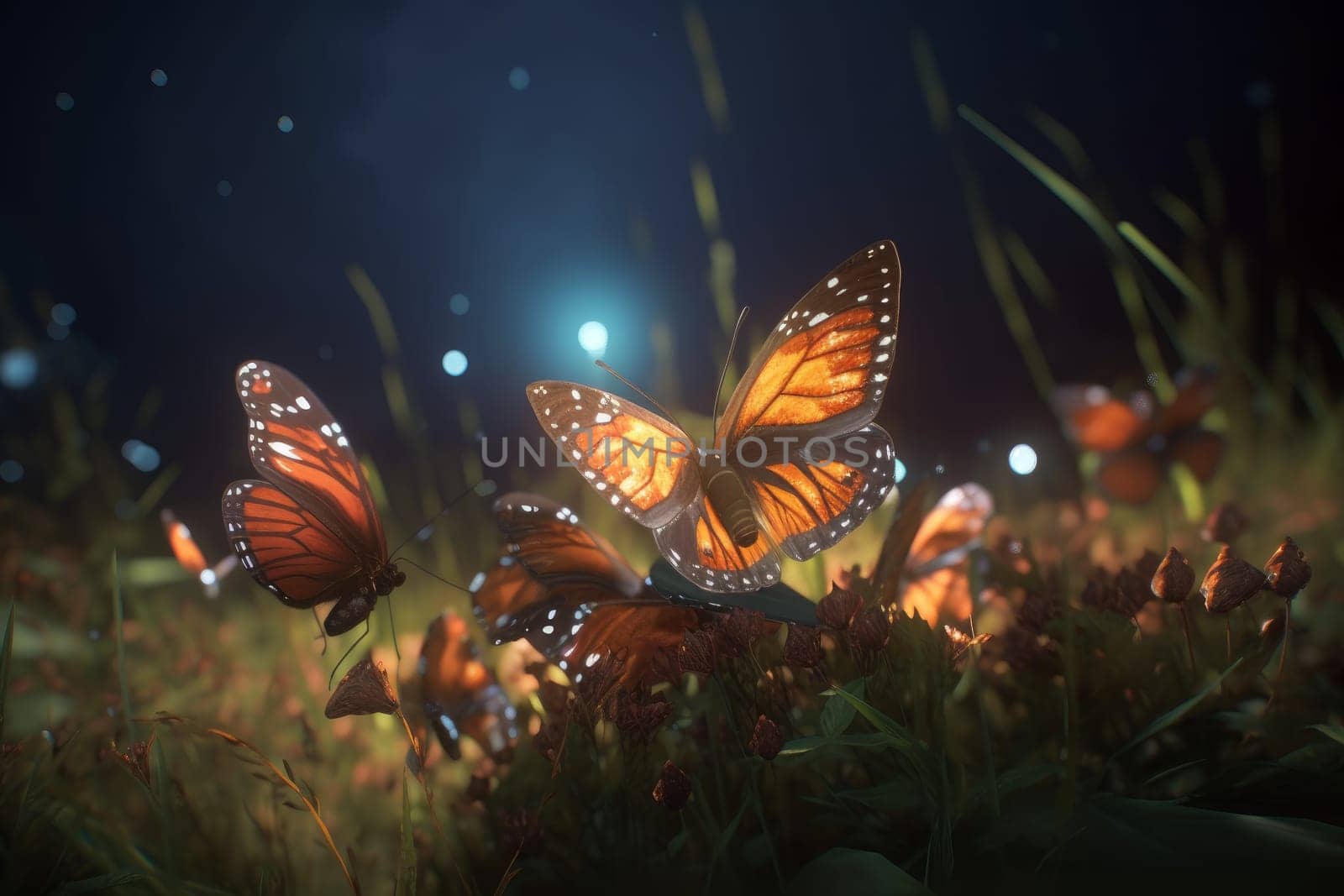 Glowing butterfly field. Summer nature art. Generate Ai