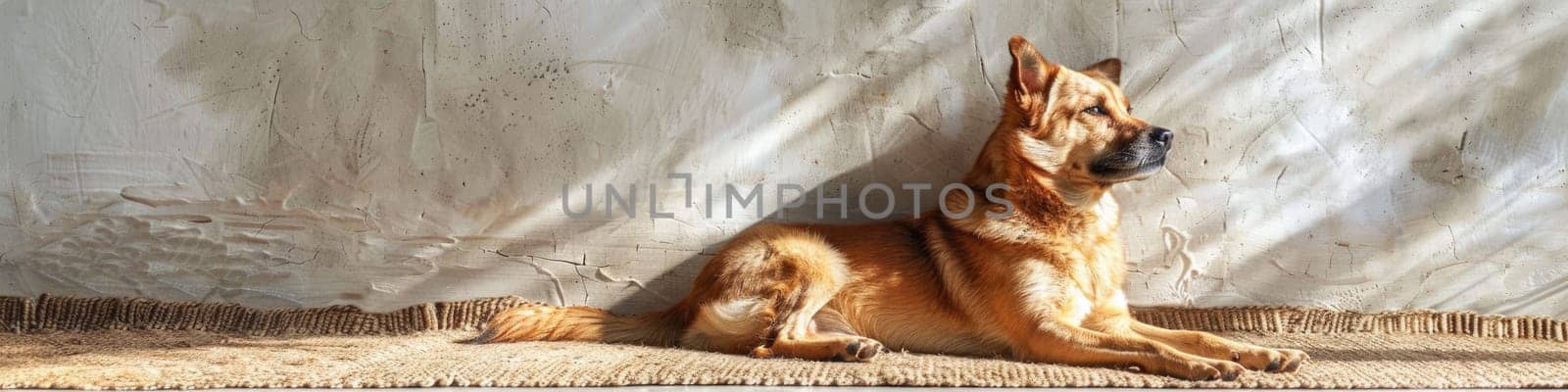 Pet care. Cute relaxed dog lying on cool mat in hot day , white wall background, summer heat. ai generated