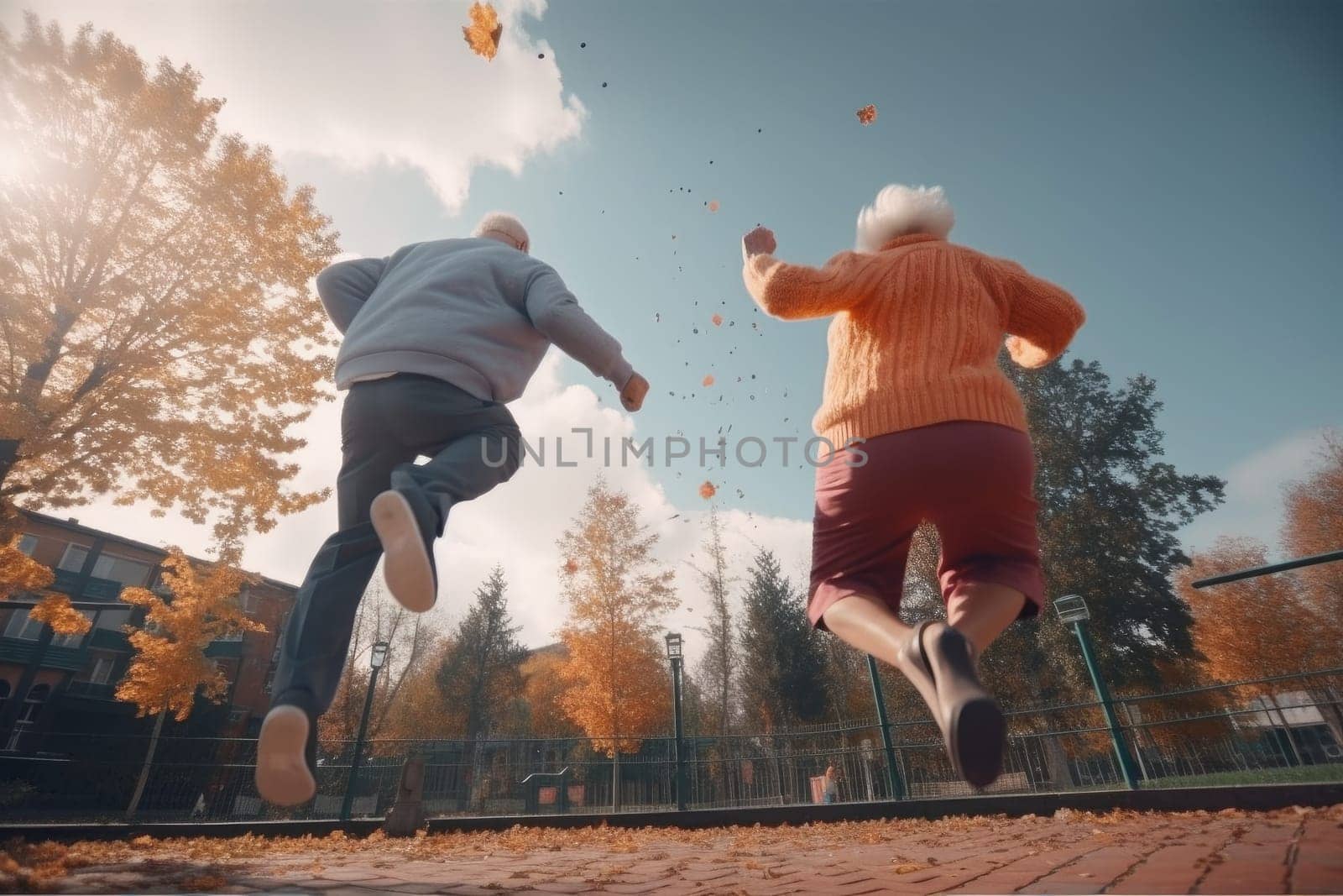 Grandparents jumping in park. Old couple family by ylivdesign