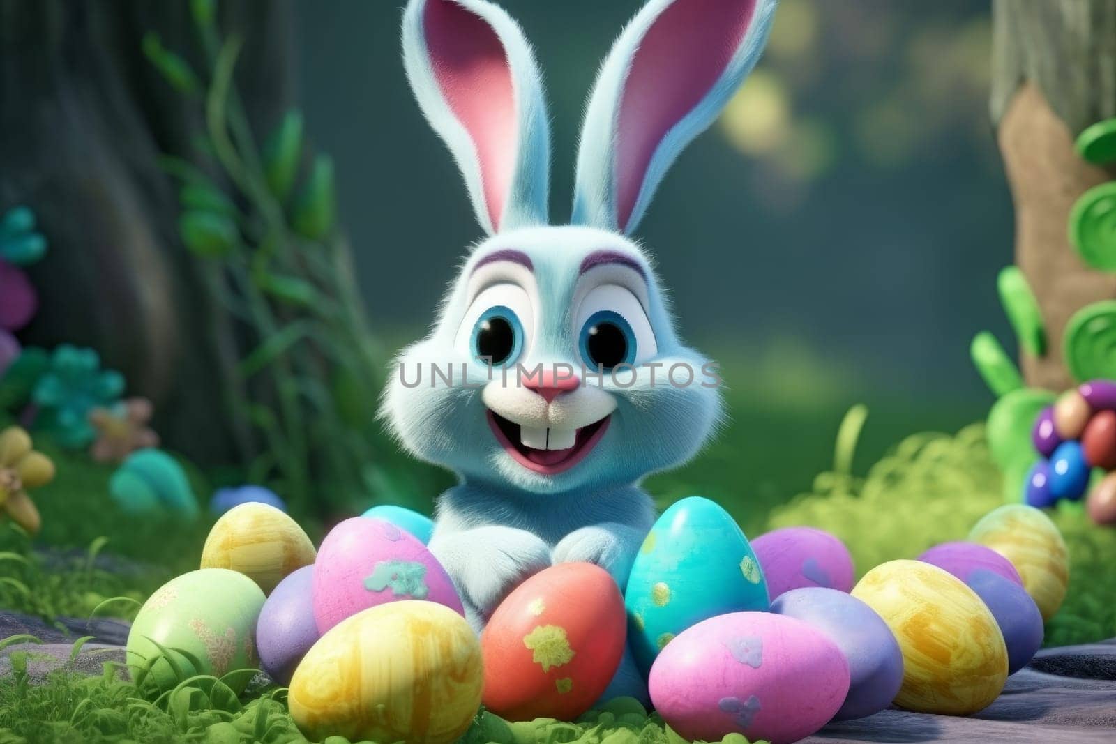 Happy easter bunny. Colorful eggs around him. Generate Ai