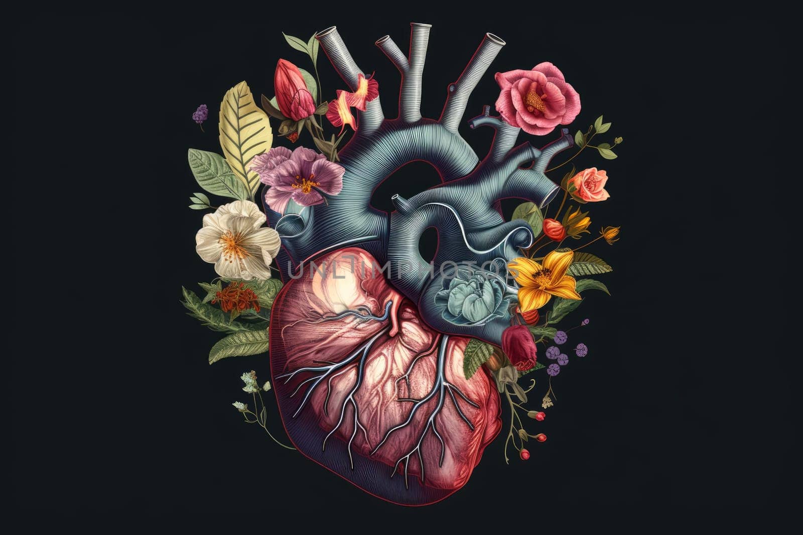 Heart flowers anatomy. Romantic design. Generate Ai