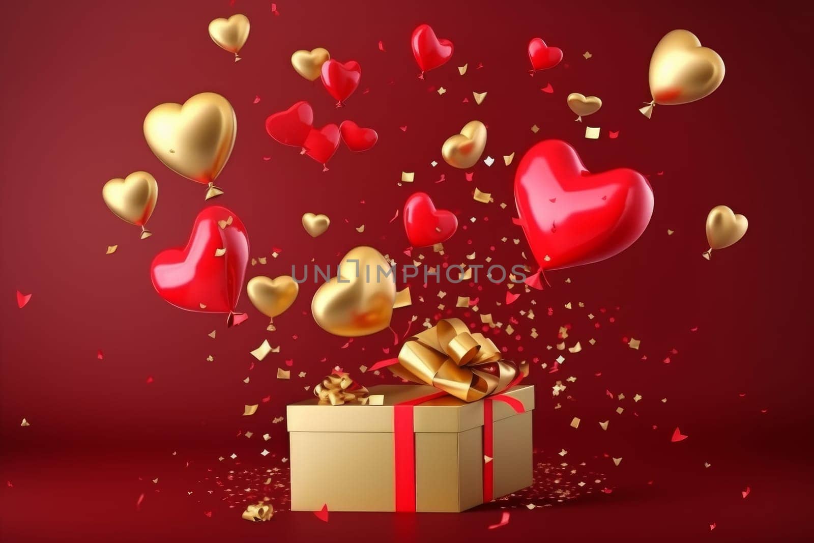 Love holiday gift box. Heart balloon romance. Generate Ai